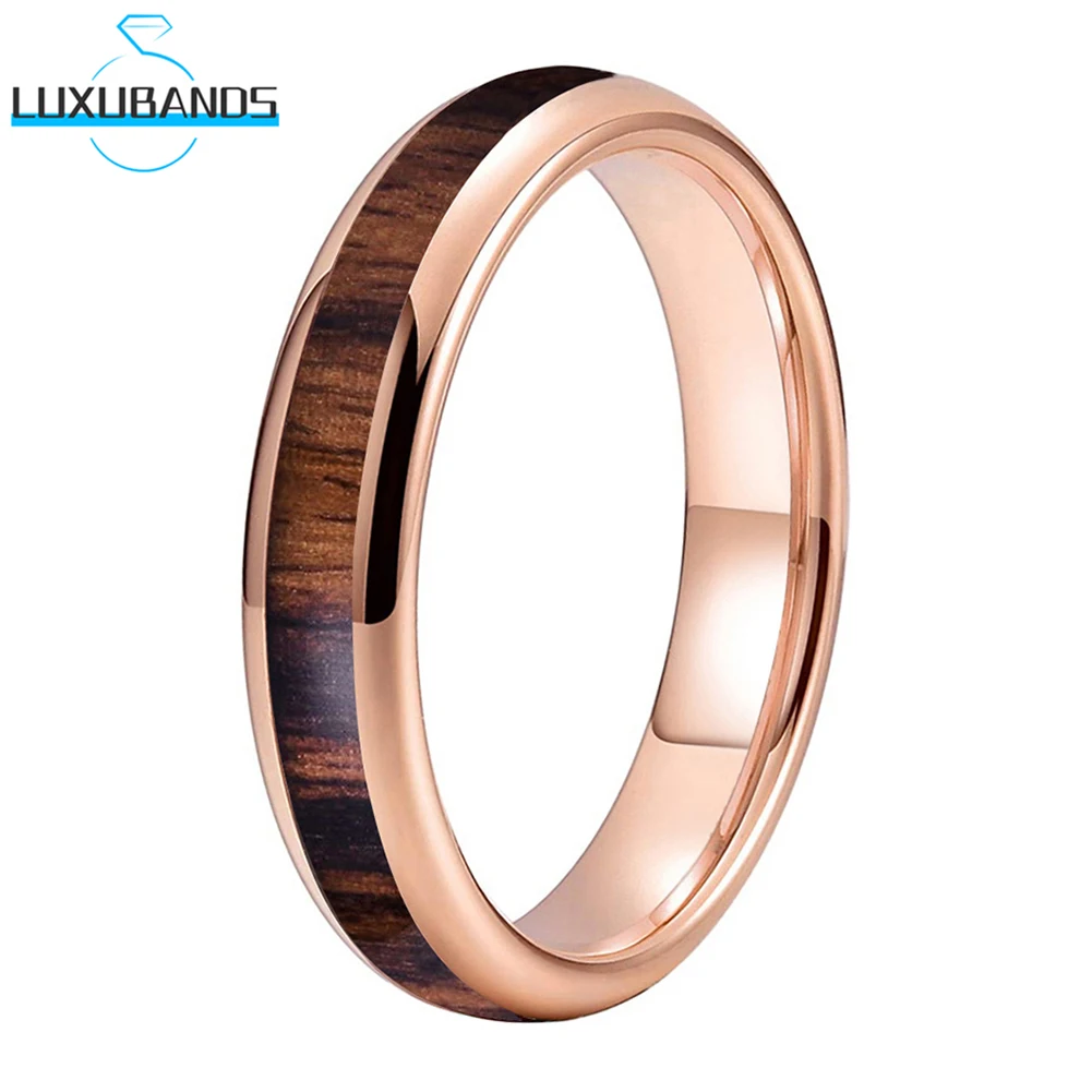 

4mm Women Rose Gold Wedding Band For Men Tungsten Carbide Rings Black Wood Inlay Polished Finish High Quality Comfort Fit