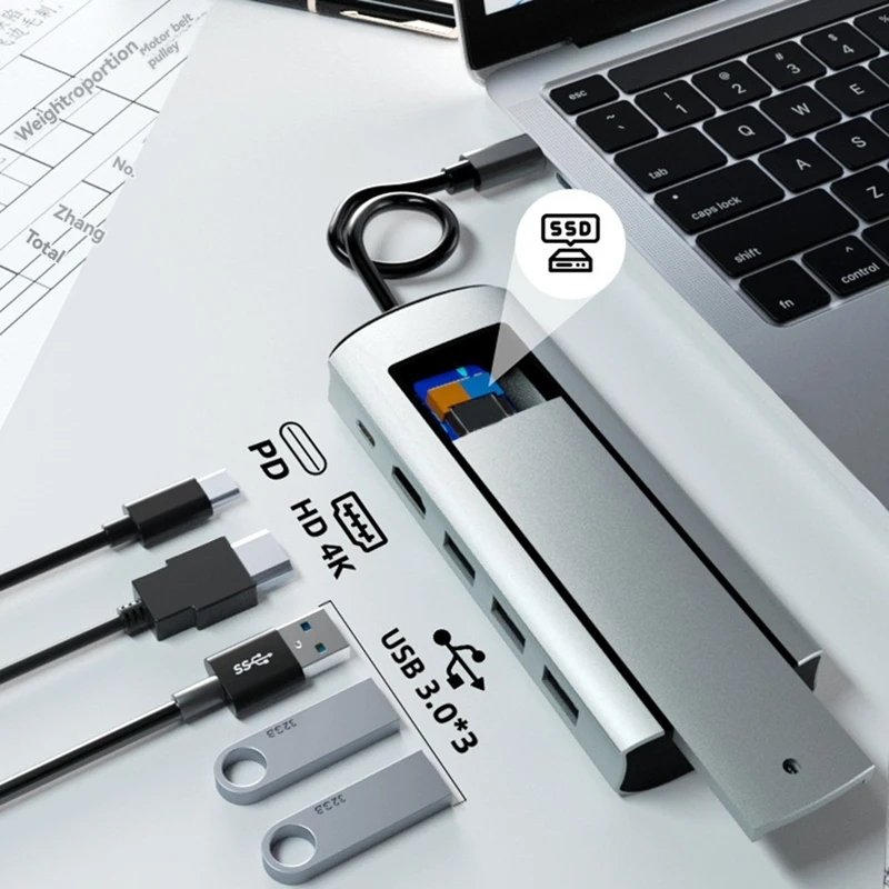 Док-станция 6-в-1 PD USB3.0X3 и совместимое с SSD-слотом быстрое зарядное устройство для