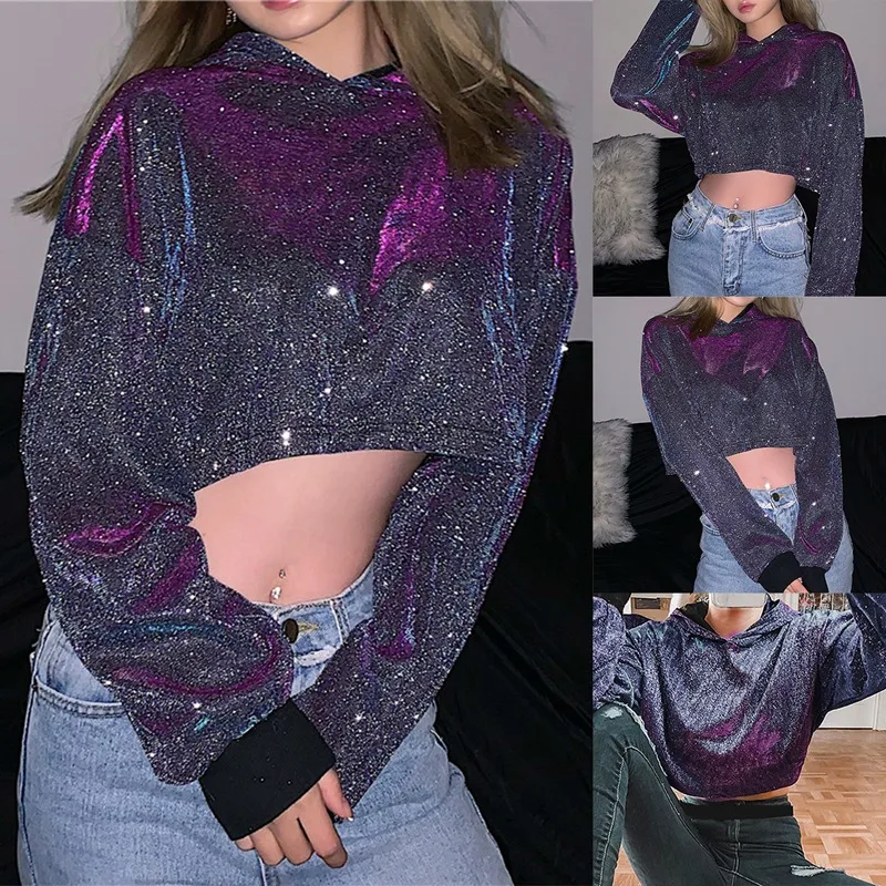 

Hot Kf-Women's Fashion Bright Silk Loose Hooded Short Sweater Blue