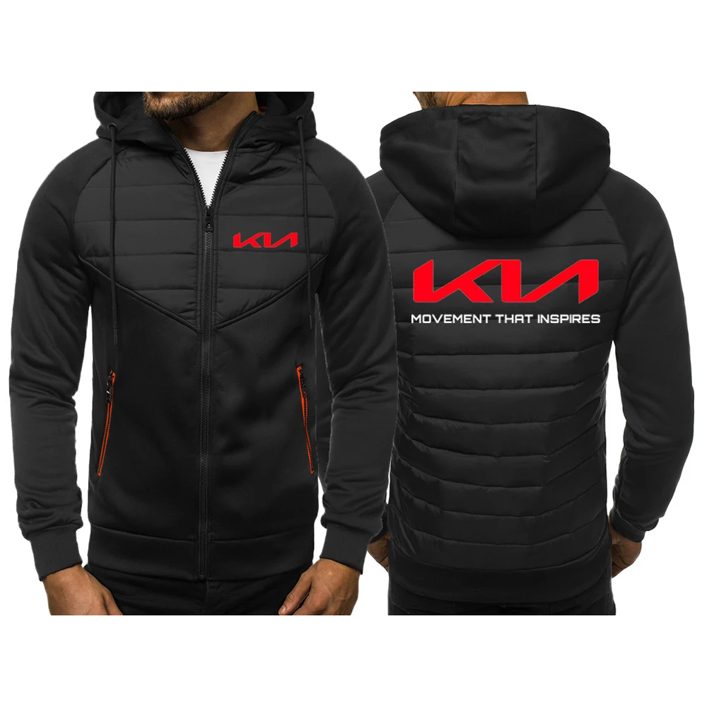 

Kia Motors Logo Printed Men's New Autumn Winter Fashionable Printing Color Block Zipper Hooded Casual Warm Coats Jacket