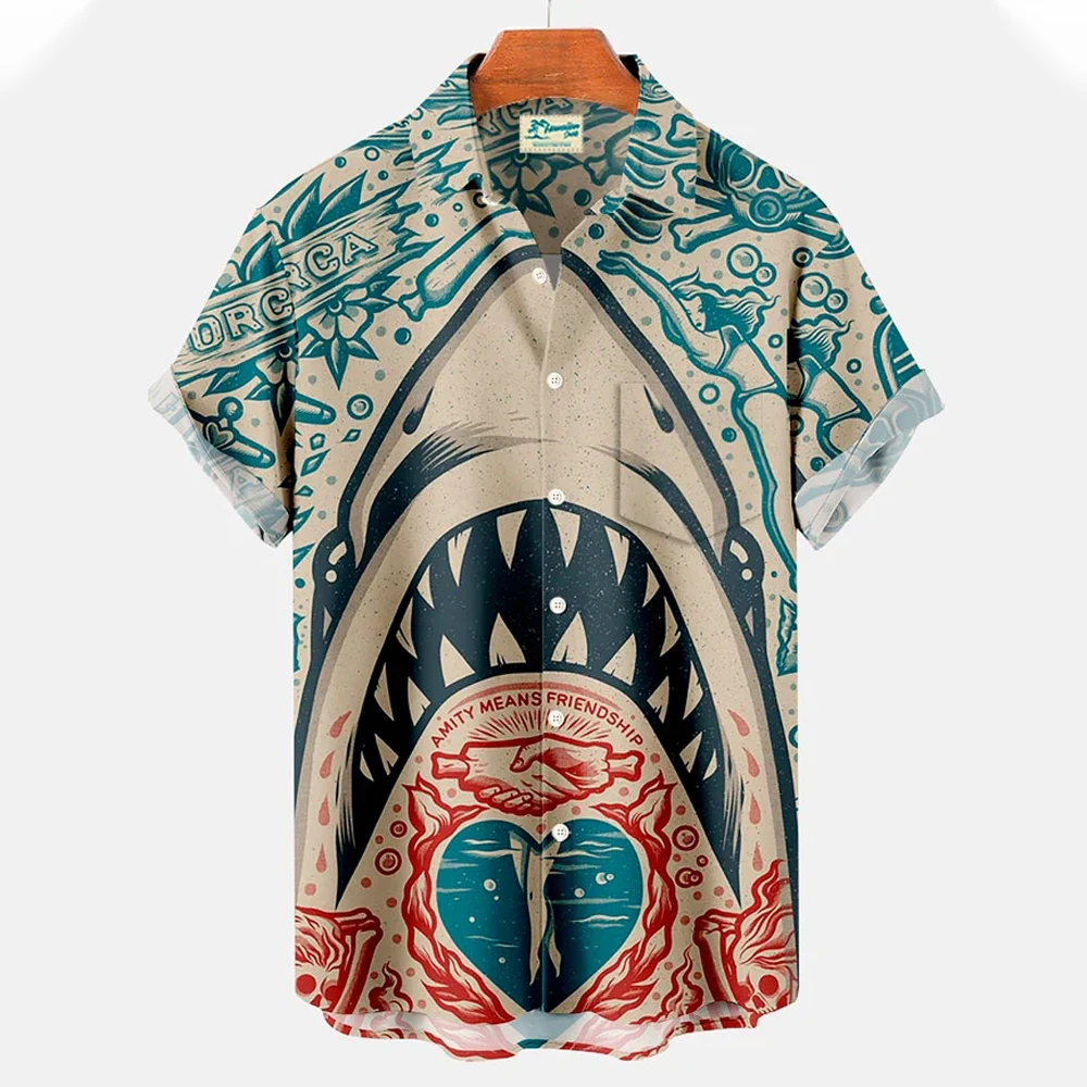 

Fashion Button Short Sleeve Lapel Streetwear Shirt for Men Hawaiian Shark Blouse Tshir tNew Men's Shirts 3D Animal Print Clothes
