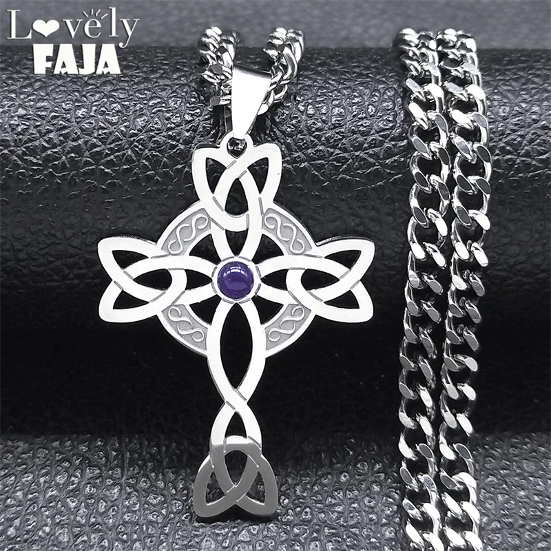 

Celtic Knot Cross Purple Natural Stone Necklace for Women Viking Amulet Stainless Steel Talisman Necklaces Jewelry N8061SRS03