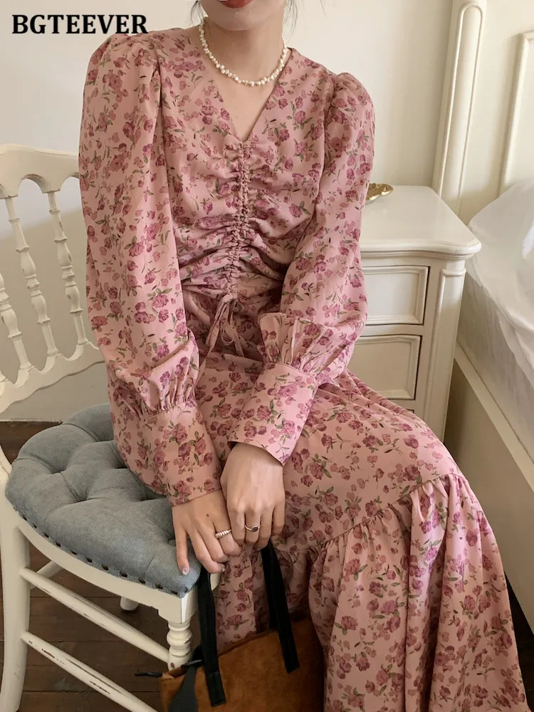 

BGTEEVER Elegant V-neck Drawstring Ladies A-line Dress Full Sleeve Slim Waist Floral Women Dresses 2022 Spring Summer