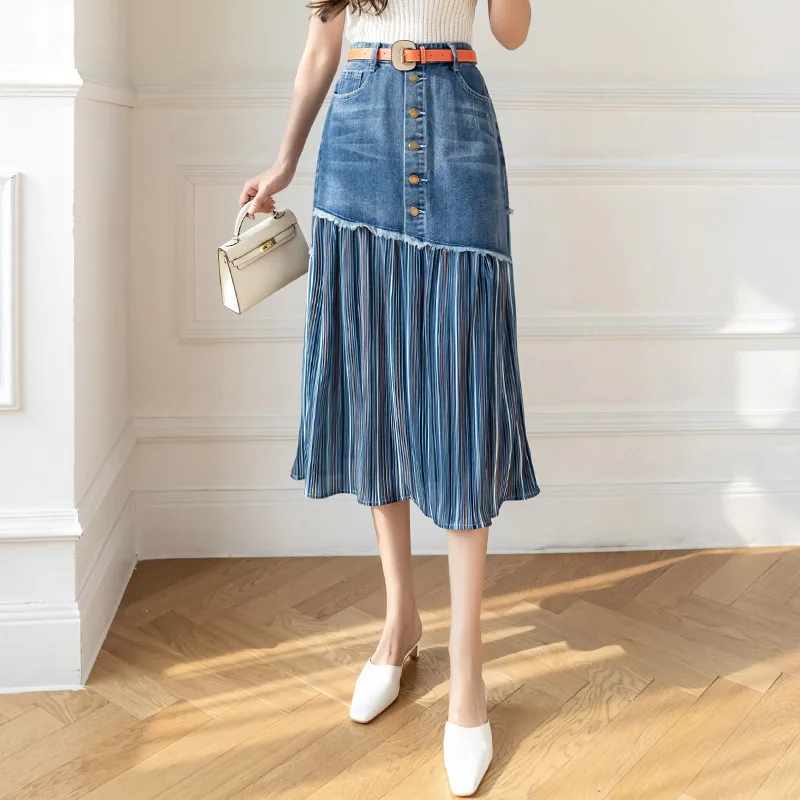 New Fashion Women Midi Denim Skirt Chiffon Patchwork Buttons Long Pleated Skirts S-2XL Jeans Skirts Female