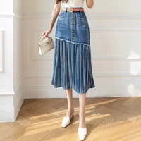 new fashion women midi denim skirt chiffon patchwork buttons long pleated skirts s 2xl jeans skirts female