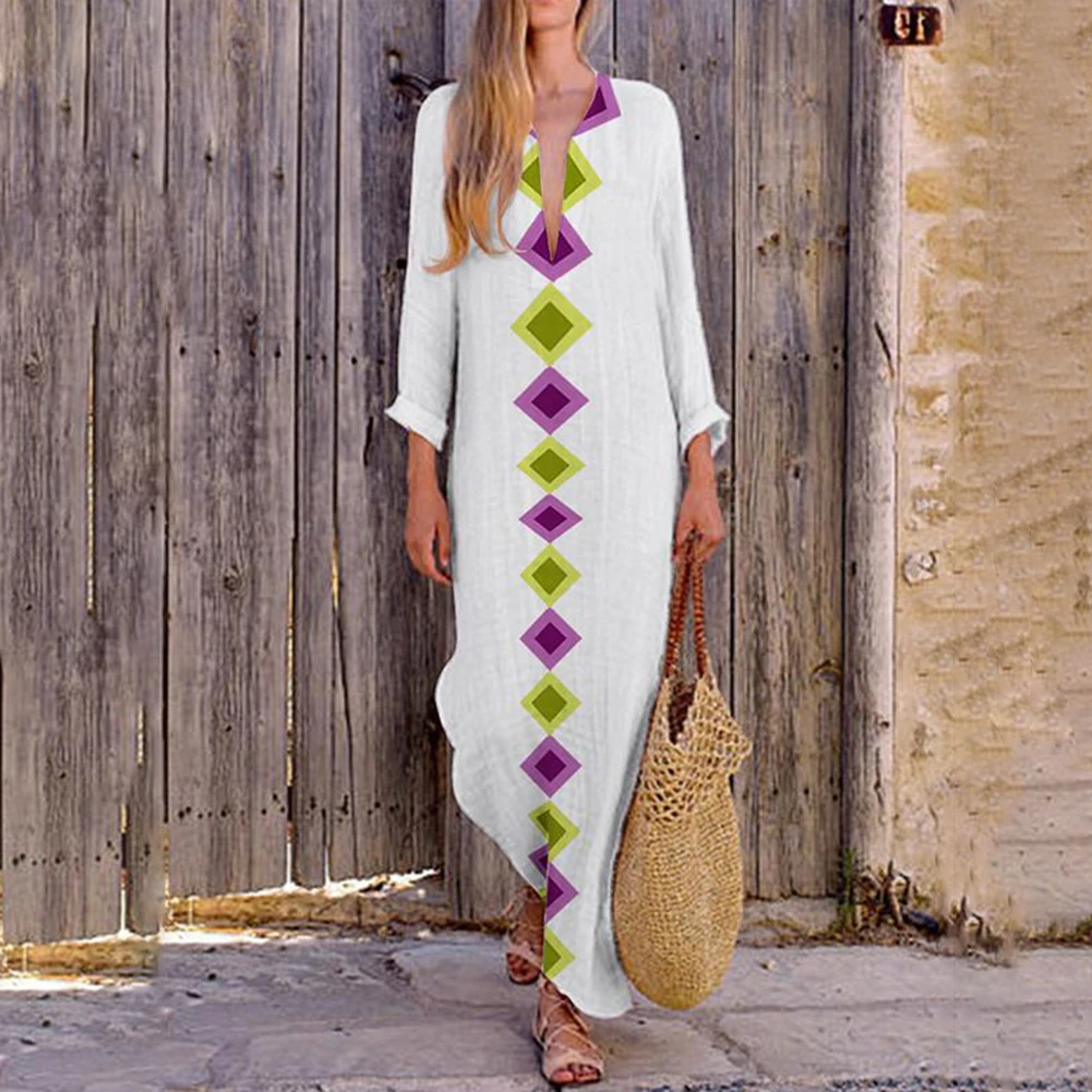 

Maxi Dress Overall Style Design Simple and Generous Long Sleeve Art Style Floral Print Loose Casual Party Women Dress