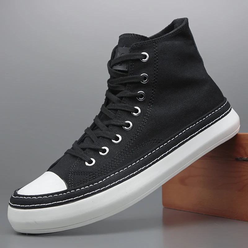 

Men High top Canvas Casual Sneakers Shoes Fashion Lace Up Flat Comfortable Skateboard Masculino Zapatillas Hombre Black A58-04