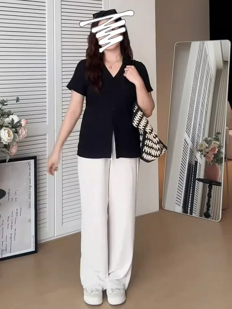 Plus size Black V-neck Shoulder Short sleeve T-shirt Women Summer New Chubby Girl Loose Belly Covering Hide Meat Slimming Shi... |