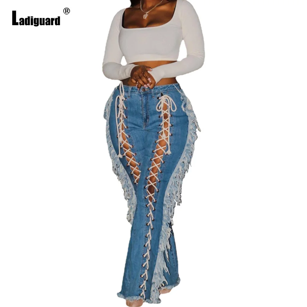 Ladiguard 2022 Autumn Sexy Lace-up Ripped Jeans Demin Pant Female Casual Straight Leg Trousers Women High Cut TASSEL Demin Pants