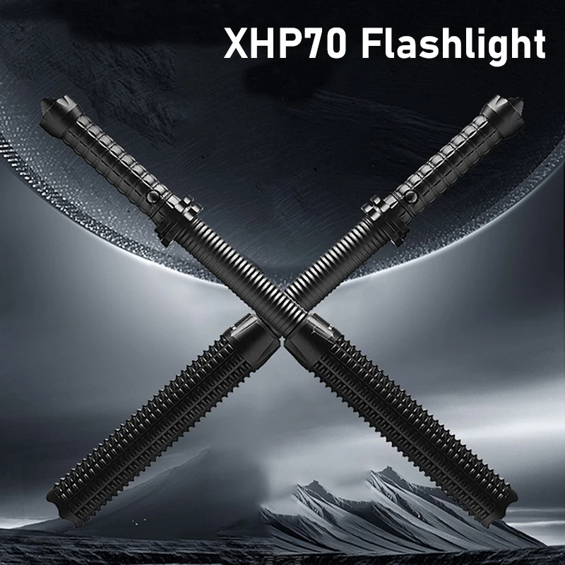 

10000LM Powerful LED Flashlight 18650 High Power Tactical Flashlight XHP70 Zoomable Self Defense Baton Torch For Hunting Camping
