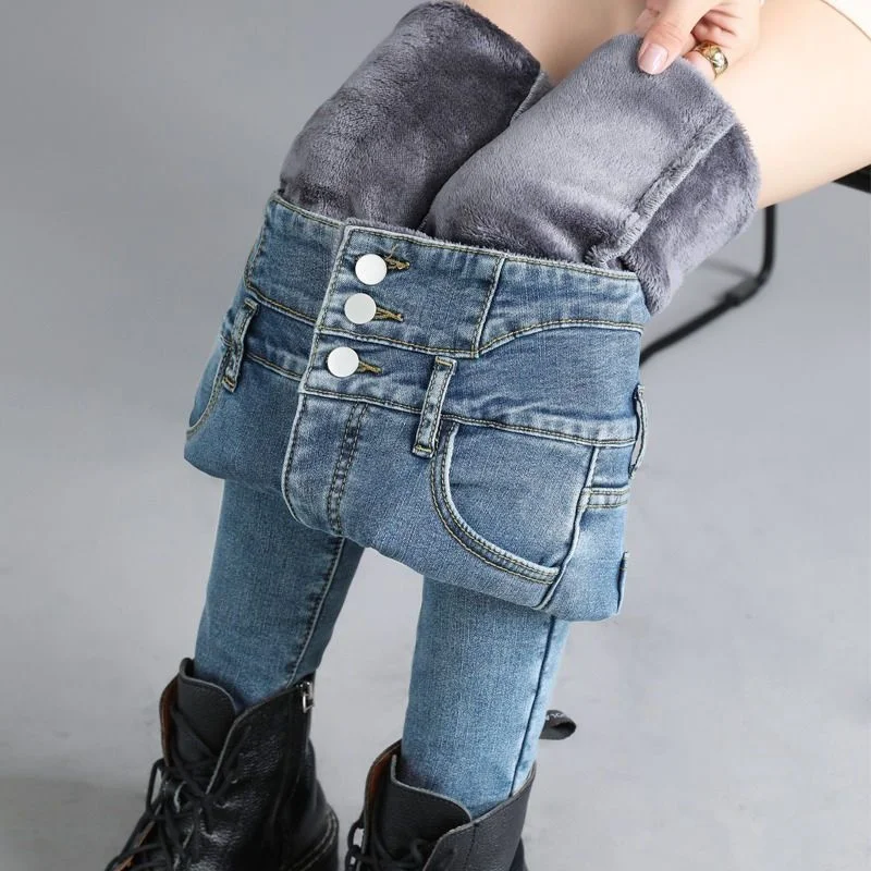 

Winter Plush Velvet Jeans Women 2022 Korean Fashiuon Slim High Waist Skinny Leggings Trousers Thickened Warm Pencil Denim Pants