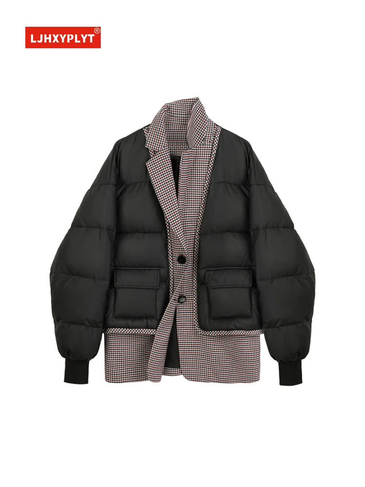 

Fake Two Piece Plaid Stitching Black Cotton Jacket Women's Autumn Winter New Outerwear Lapel Long Sleeve Loose Coat Female