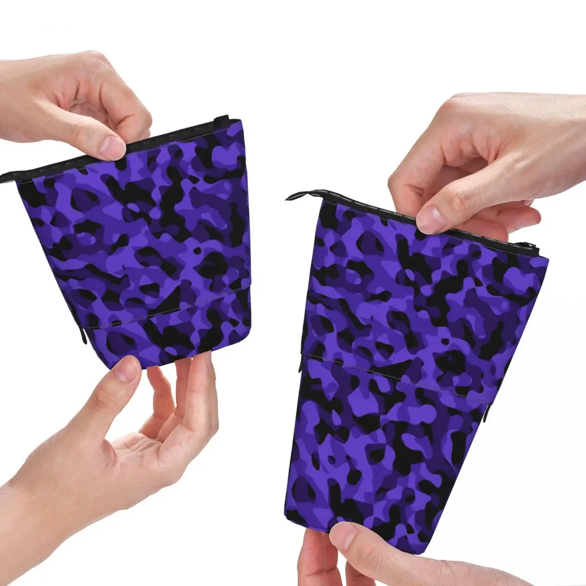 

Dark Camo Print Fold Pencil Case Purple and Black For Teens Elementary School Standing Pencil Box Cool Pen Organizer