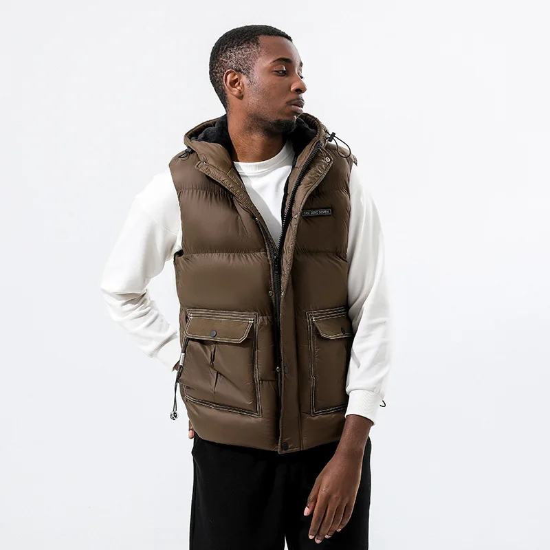 2022 new oversize hooded down cotton waistcoat men's plush thickened autumn and winter three-dimensional pocket loose and warm