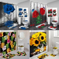 blooming flowers waterproof shower curtain sets with rugs bathroom decor bath rug and mats set with hooks toilet seat cover