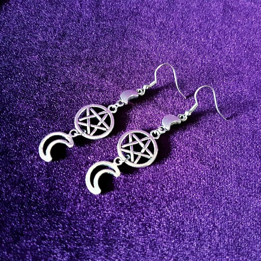 

New Cauldron Moon Witch Hat Earrings - Occult Goth Gothic Luna Crescent Moon Pentagram Witch Jewelry