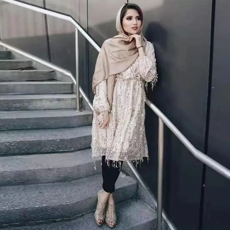 Sequin Tassel Double Layer Dress Long Top Layered Muslimische Sets  Islamic Clothing for Women Turkish Tunic Sari Indian Lehenga
