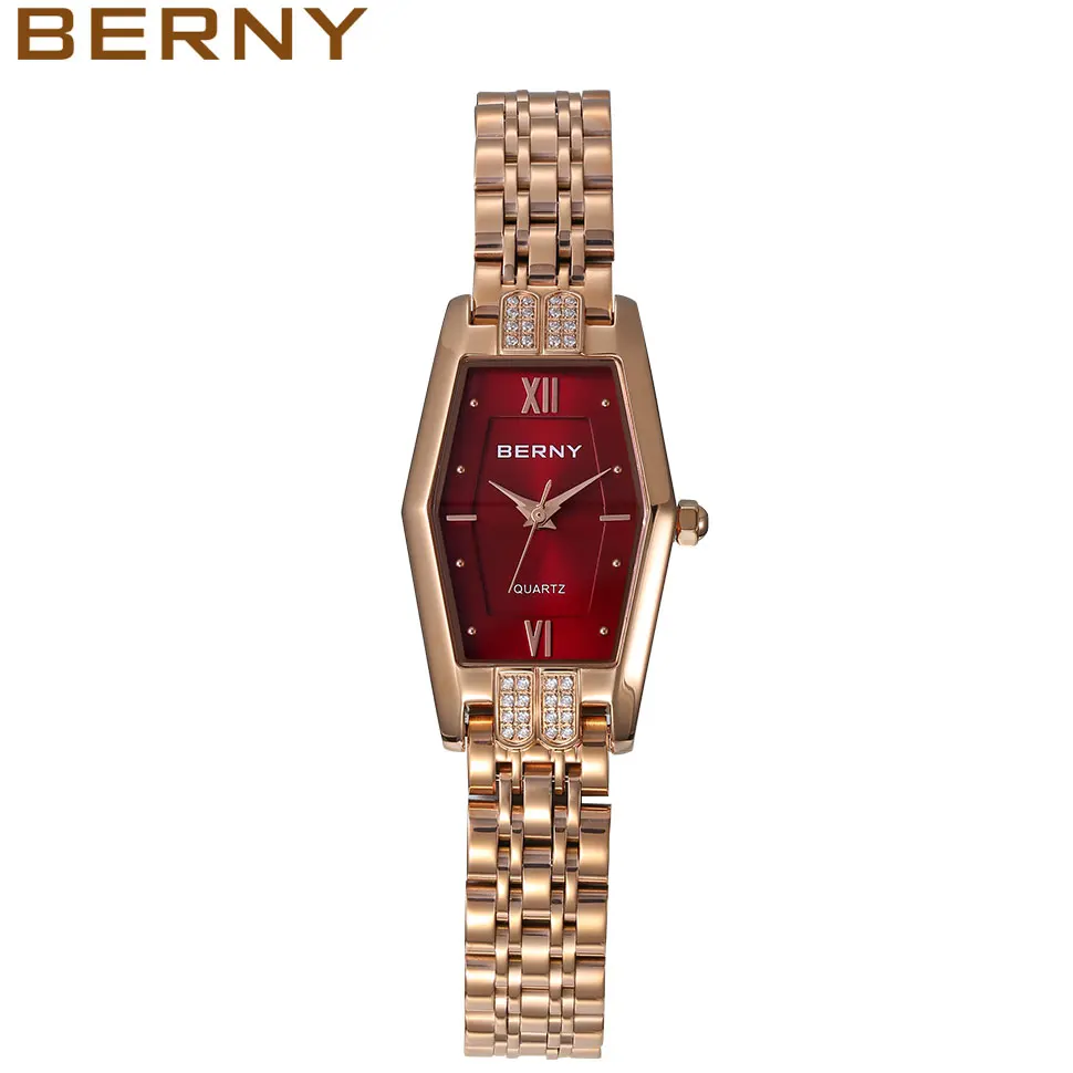 Berny Ladies Wristwatch Quartz Luxury Rose Gold Watch Stainless steel High Accuracy in time Waterproof with 16 Diamonds Inlaid