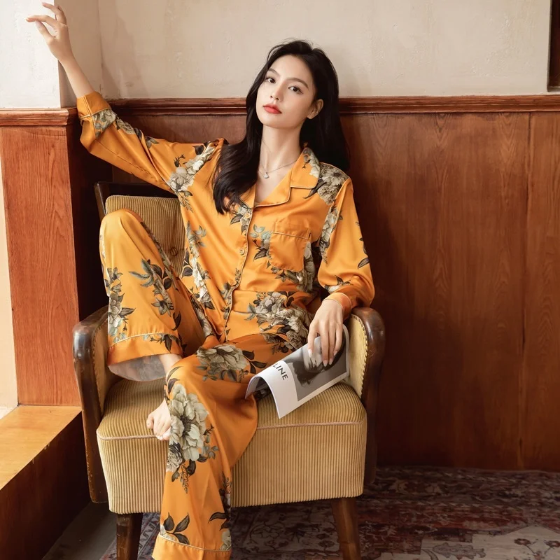 Lisacmvpnel Women's Spring New Pajama Set Ice Silk Loose Home Suit Print Fashiong Sleepwear