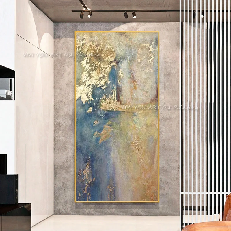 Большая абстрактная картина маслом ручной работы с толстым ножом золотистая