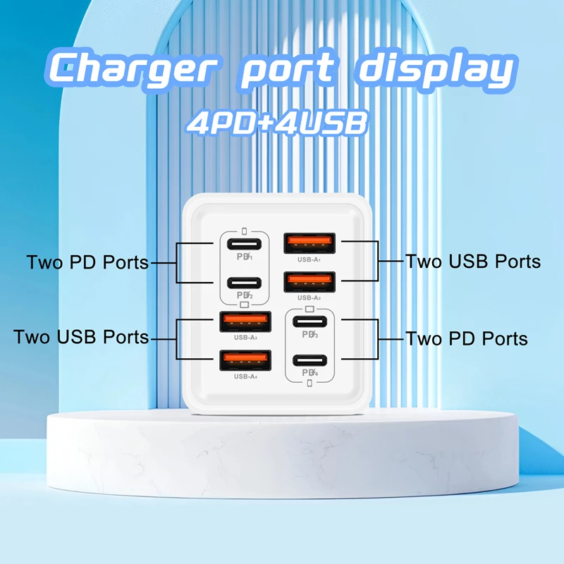 Фото Зарядное устройство GaN USB-C 8-в-1, 240 Вт, быстрая зарядка для телефонов, адаптер питания для iPhone, Xiaomi, Type-C, с вилками EU/US/UK, настенное зарядное устройство 2026 №2
