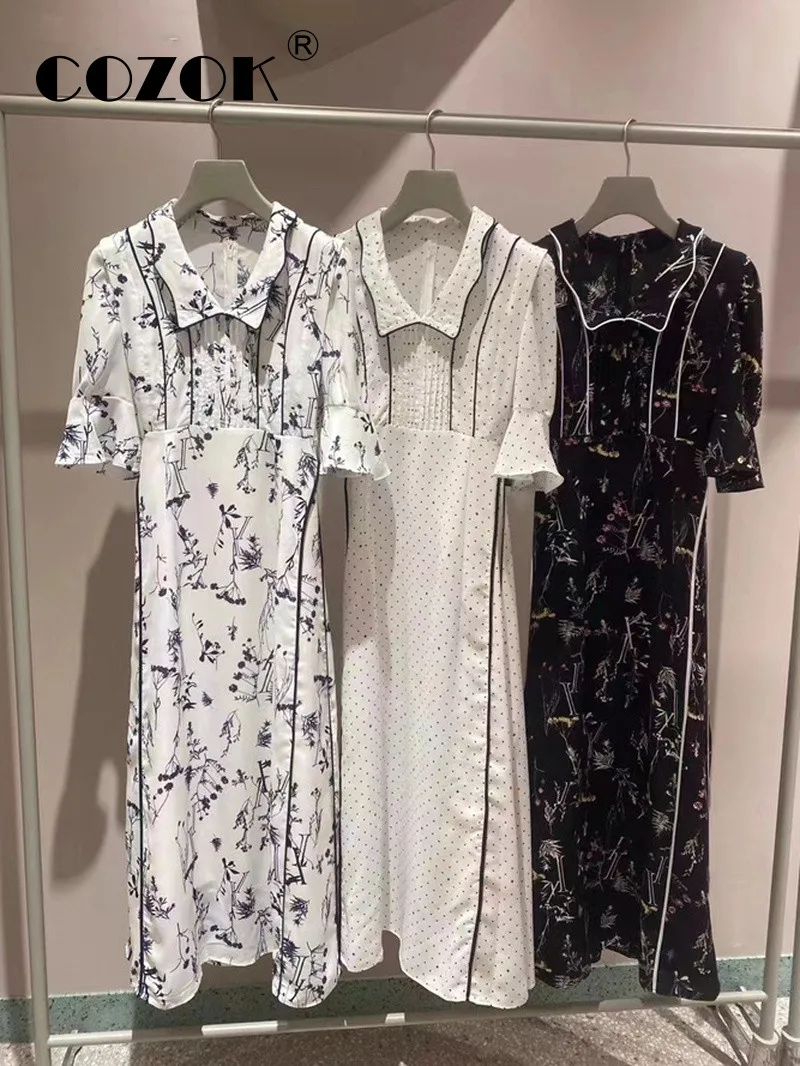 

Cozok Japanese Sweet Robe Lapel Puff Sleeve Line Contrast Color Print Polka Dot Dress New Summer Retro Vestidos