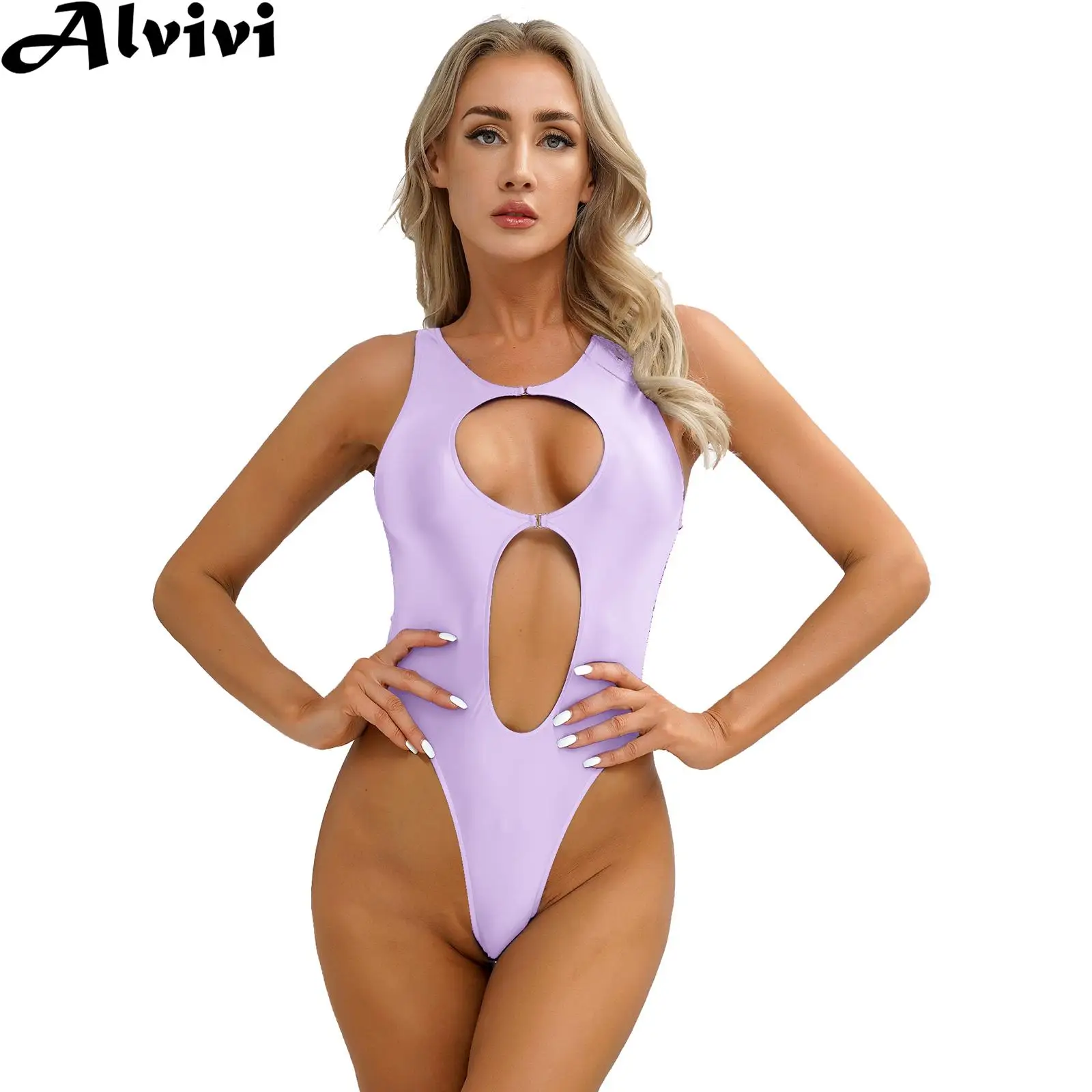 

Womens Cutout Glossy Bodysuit Swimwear Monokini Swimsuit Sleeveless High Cut Leotard Bathing Suit Beachwear Clubwear Nightwear