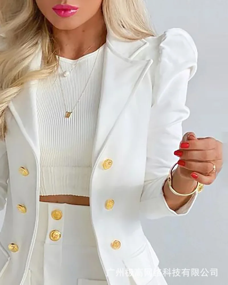 

Women's 2023 new two-piece white solid bubble sleeve suit two-piece skirt