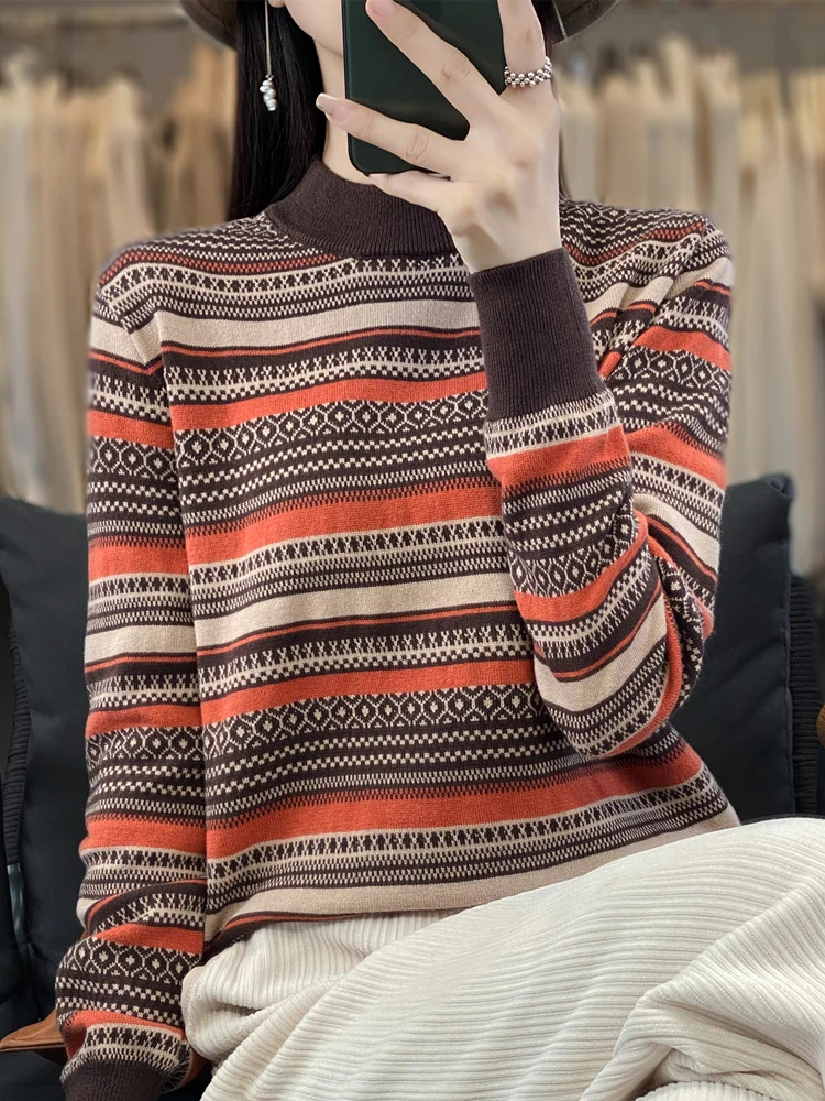 Свитер с высоким воротником в полоску стиле ретро женский вязаный низ из чесаной