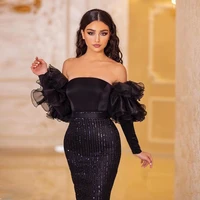 black sparkly sequins cocktail dresses strapless organza ruffles sleeves mermaid prom dresses ankle length with slit back