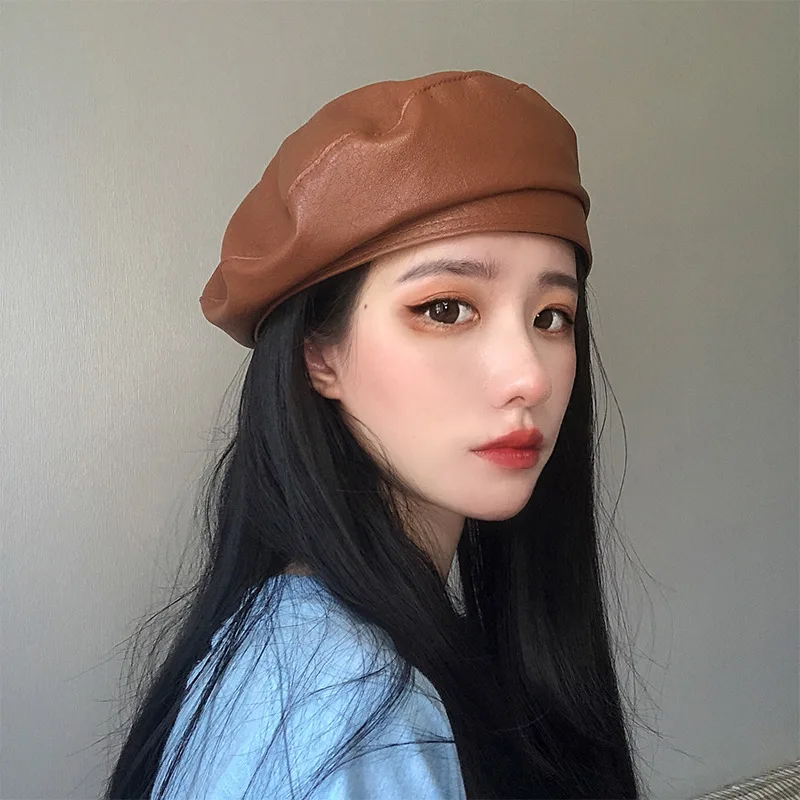 

Fashion PU Leather Beret Flat Solid Color Autumn Winter Artist Warm Beanie Cap Vintage Elegant Women Girls Decorative Hat
