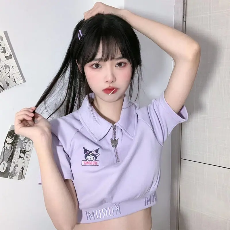 

2022 Sanrio Kuromi Summer Short Sleeve Short Polo Shirts Anime Kawaii Casual Light Ripe Sportswear Two-Piece
