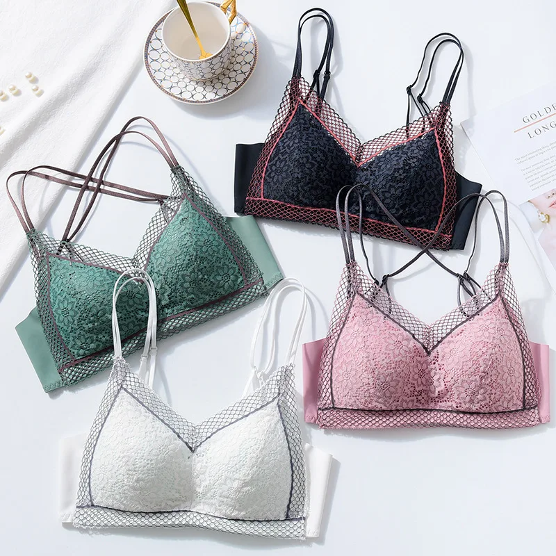

Sweet Lingerie Style Lace Underwear Sexy Beautiful Back Sports Bras Summer Gathered Thin Bra Without Rims