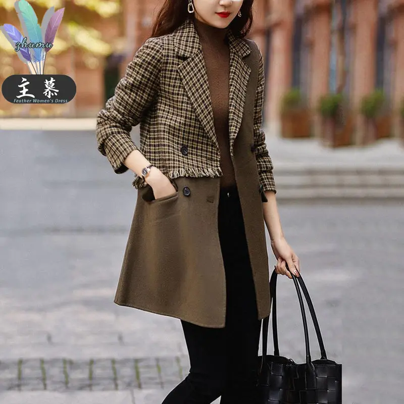 

Woman Patchwork Print Woolen Coat Spring Female Fashion Turn-down Collar Coats Long Woolen Coat Ladies Casual Jacket Top G130