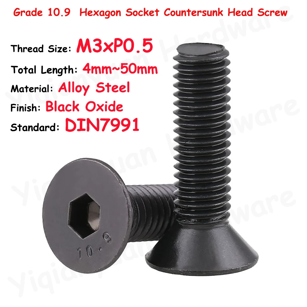 DIN7991 M3xP0.5 Grade 10.9 Alloy Steel Hexagon Socket Countersunk Head Cap Screws Black Oxide Allen Key Bolts Full Threaded