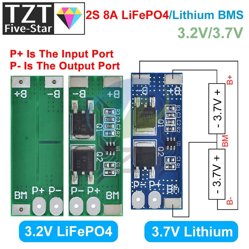 Фото TZT BMS 2S 3,2 В 3,7 В 8A LiFePO4/плата защиты от заряда литиевой батареи 15 А пиковый ток 6,4 В 7,2 В 18650 32650 аккумуляторные блоки №1