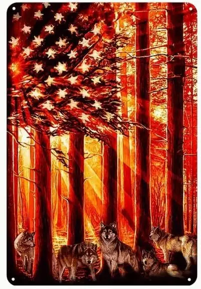 Ретро металлическая жестяная вывеска настенное украшение | Волк в флаге с лесным