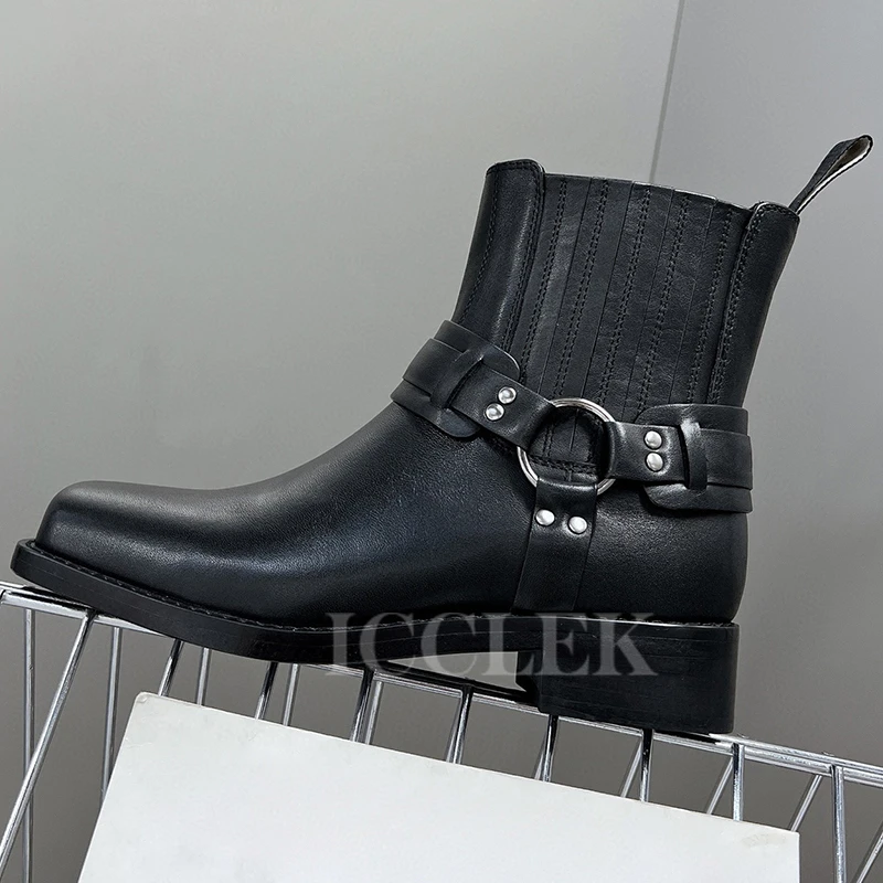 

Ladies Anke Boots Autumn 2023 New Unique Metal Decoration Appear Whiten Short Boots Real Leather Upper Square Toe Female Shoes