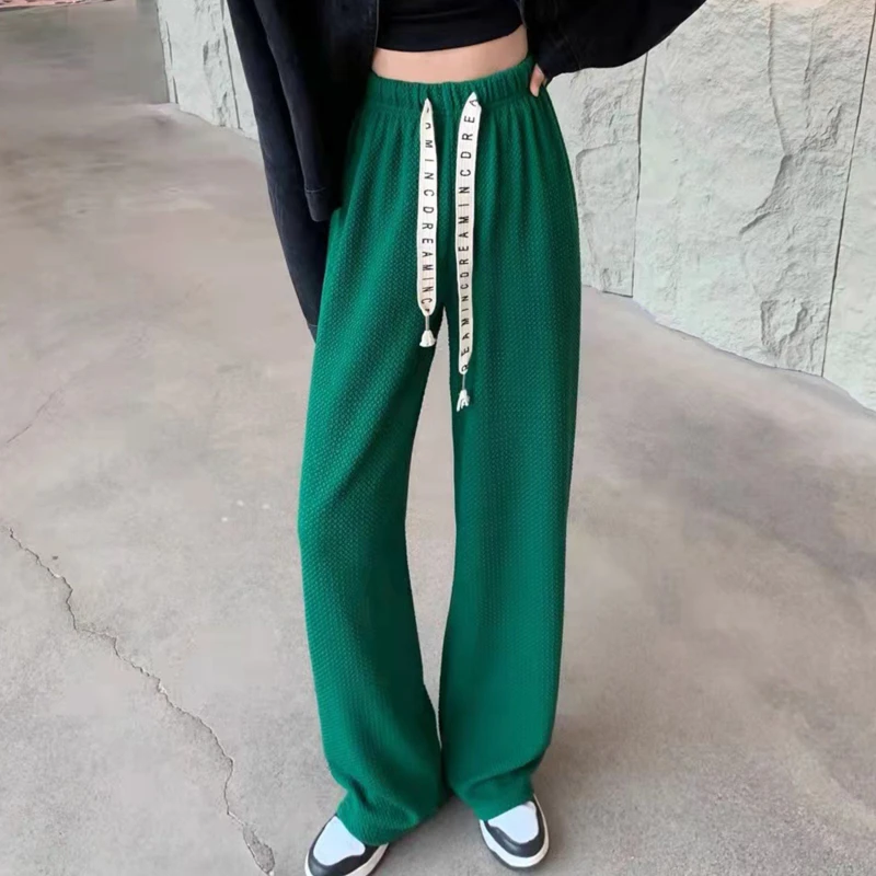 

Cream Waffle Plaid Puff Wide Leg Pants Ladies Spring High Waist Loose Drawstring Letter Print Drape Mopping Straight Pants