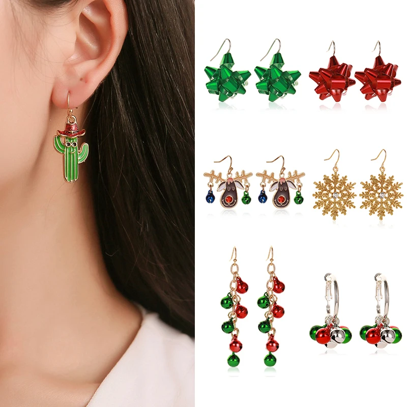 

New Fashion Christmas Earrings Women's Bell Snowflake Cactus Pendant Earrings Girls New Year Christmas Jewelry Gift Wholesale