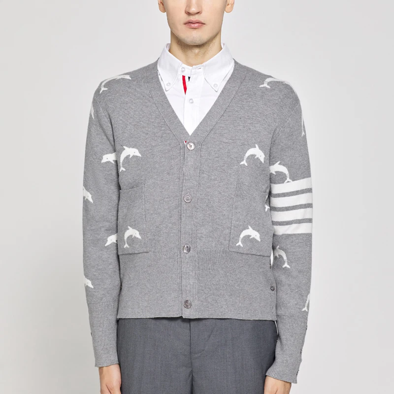 TB THOM Dolphins Jacquard Sweater Men Women Casual Wool Knitted Coats Fashion Brand High Street 4-Bar Stripe V-Neck Cardigans