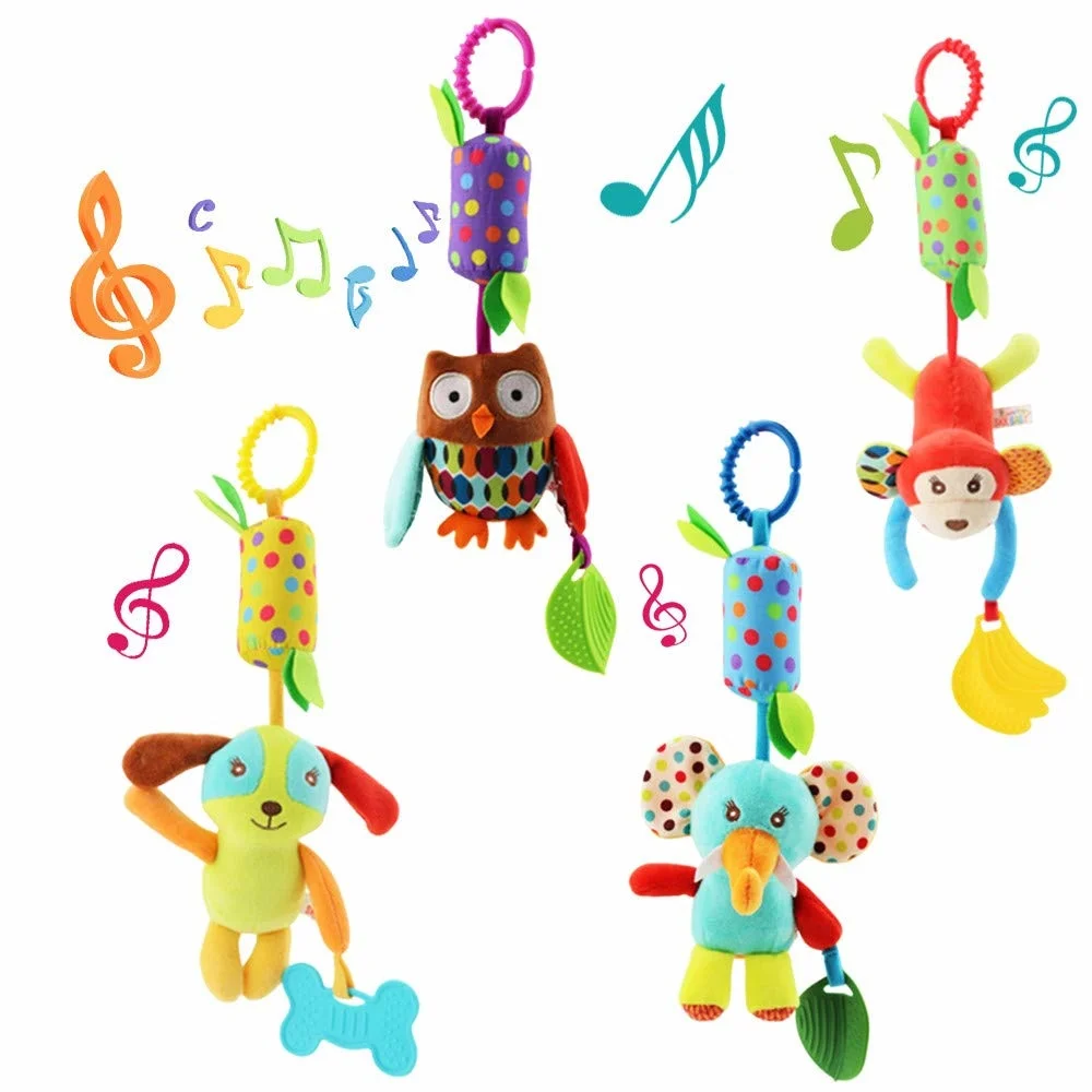 

Baby Soft Hanging Rattle Crinkle Squeaky Toy Animal Ring Plush Stroller Infant Car Bed Crib Activity Wind Chime with Teether Toy
