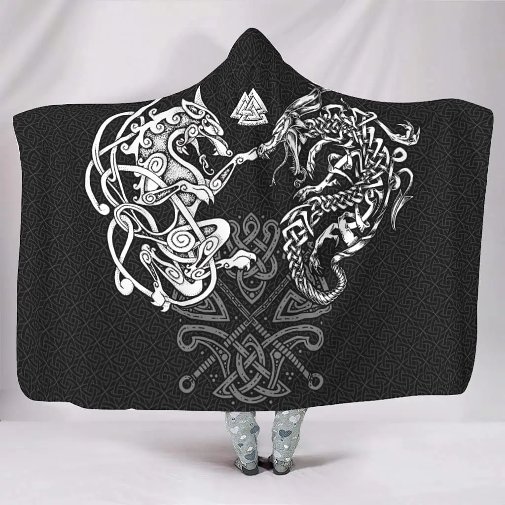 

Viking Wolf Dragon Knot Hooded Blankets Throw Cloak Cape Student Plush Hooded Cloak White 60x80 inch