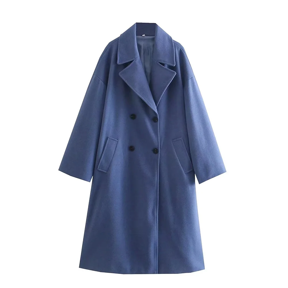 

PB&ZA Women Elegant Long Wool Coat With Belt Solid Color Long Sleeve Chic Outerwear Ladies Loose Casual Double Breasted Overcoat
