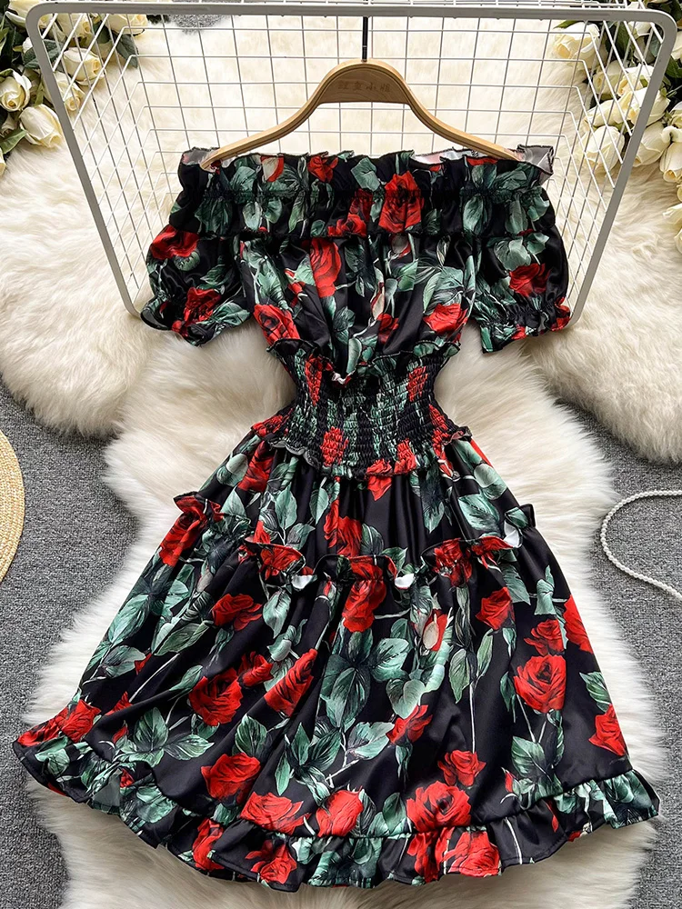 

Muqisiyun 2022 Summer Europe Style Women Off Shoulder Ruffles Short Sleeve Floral Print Elastic Waist Dress Female Dresses