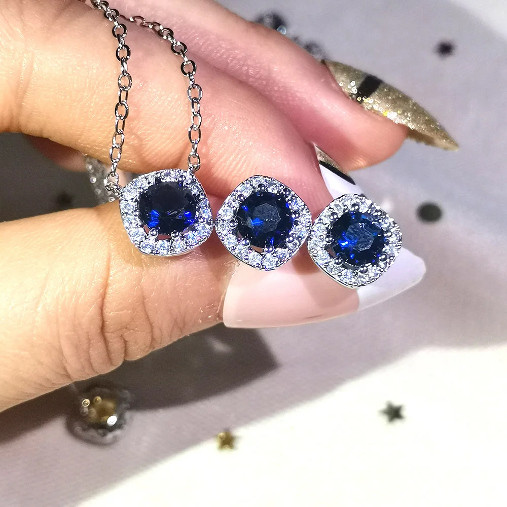 

2pcs Per Set Luxury Blue Simple Cubic Zirconia Necklace Earrings Dubai Jewelry for Women Female Wedding Banquet Anniversary Gift