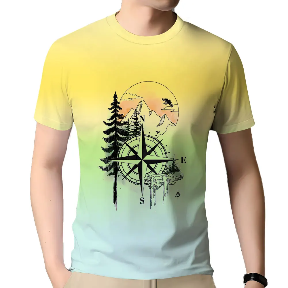 

Men's Summer New Short Sleeve T-shirt Casual Gradual Compass Printing Pattern Men's TEE Extra Large Cotton T-shirt Men's Wear