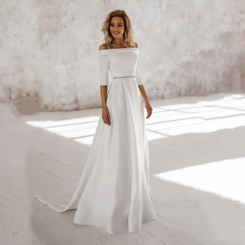 

Off The Shoulder Wedding Dress For Women Custom Made Half Sleeves Simple Boho vestido de casamento Wedding Robe Party Gowns