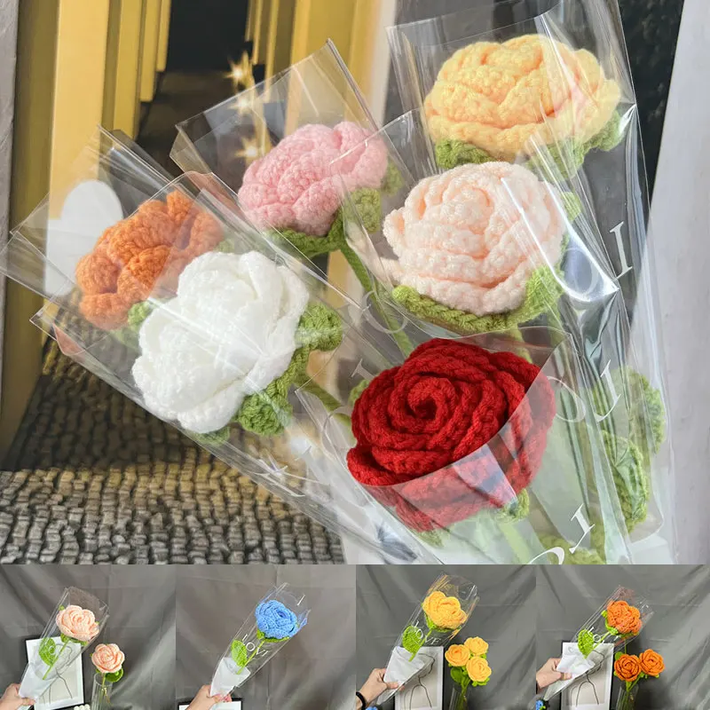 

Hand-Knitted Rose Bouquet Sunflower Knitting Flower Bouquet Fake Flowers Home Table Decor DIY Crochet Knit Floral Bouquets