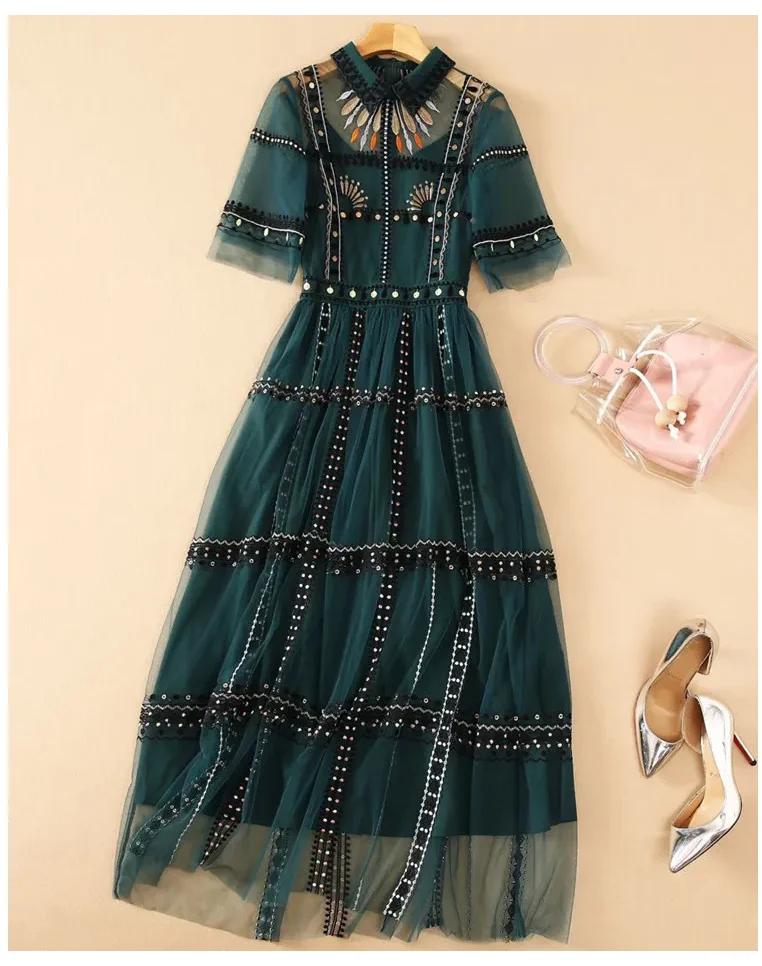 

Summer Runway Green Mesh Embroidery Dress Women's Short Sleeve Vintage Dot Embroidered Tulles